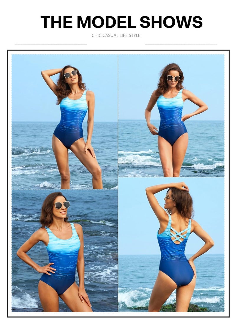 Aleumdr Women's One Piece Swimwear Swimsuits Bathing Suits Sexy Criss Cross Back Tummy Control Sports Active Monokini Plus Size One Piece Blue 2XL - Image 4